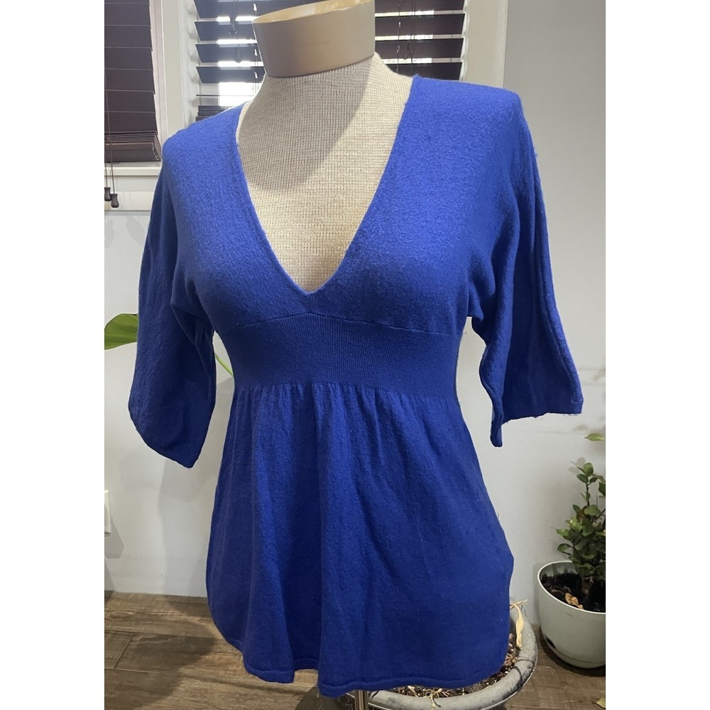 Express Royal Blue Y2K Wool Blend Peplum V Neck 3/4 Bell Sleeve Sweater S 90s